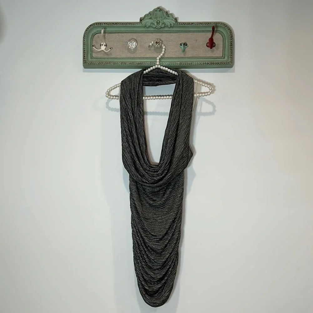 Plunging v neck rouched mini dress small metallic grey sexy lil halter dress